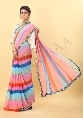 GAVUBAA Printed, Digital Print, Striped Bollywood Georgette Saree(Multicolor)