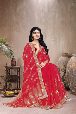 KalyaniTextile Embroidered, Embellished Bollywood Georgette Saree(Pink)