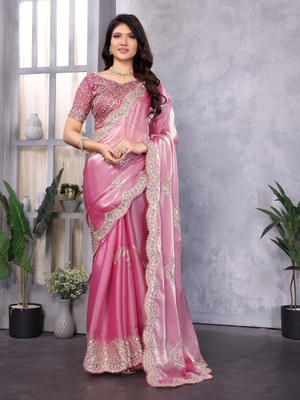RHEY Embellished, Embroidered Bollywood Jimmy choo, Chiffon Saree(Pink)