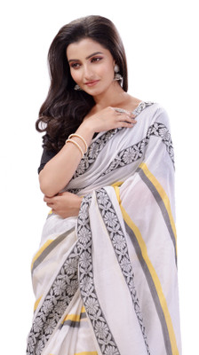 TANTLOOM Printed, Striped Handloom Handloom Pure Cotton Saree(Multicolor)