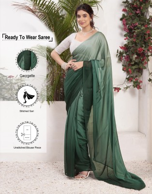 Samah Dyed, Ombre, Printed Bollywood Georgette, Chiffon Saree(Dark Green)