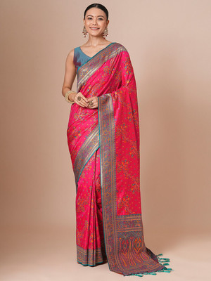 House of Pataudi Woven Banarasi Silk Blend Saree(Pink)