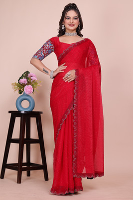 V AMAN FASHION Solid/Plain, Self Design, Embroidered Bollywood Chiffon, Jimmy choo Saree(Red)