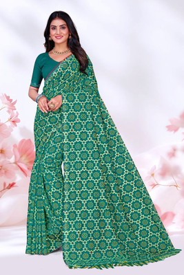 sarees Printed, Geometric Print Bollywood Georgette, Silk Blend Saree(Dark Green)
