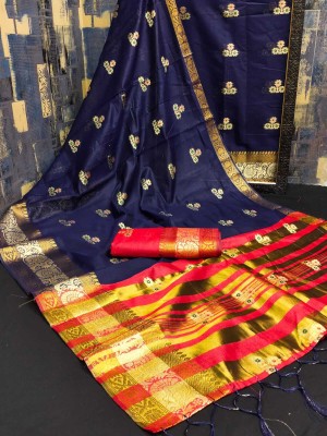 ASHTA Self Design Kanjivaram Pure Cotton, Cotton Silk Saree(Dark Blue)