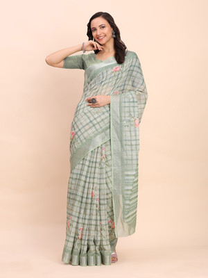 Tasrika Digital Print Kantha Cotton Linen Saree(Light Green)