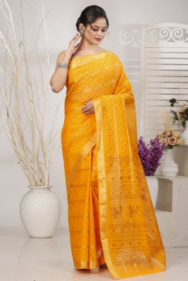 DipDiya Woven, Striped, Self Design Tant Pure Cotton Saree(Yellow)