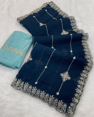 Zari and Ziba Embroidered Bollywood Chiffon Saree(Dark Blue)