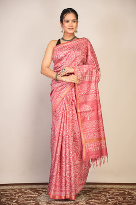 Anuttara Floral Print Saree with Attached Blouse Cotton Silk Saree(Pink)