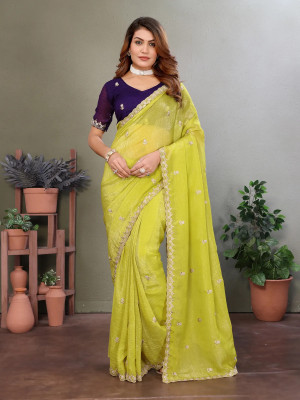 Amavii Embroidered, Embellished Bollywood Jimmy choo Saree(Green)