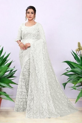 Nexxafashions Self Design Bollywood Net Saree(White)