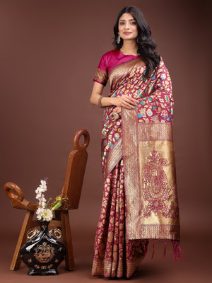 Tasrika Woven Kanjivaram Cotton Linen Saree(Maroon)