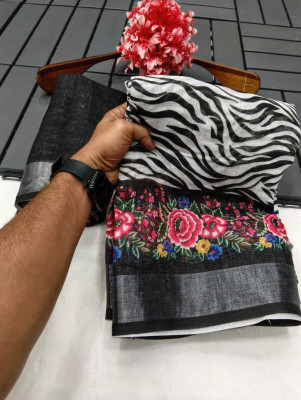 PRTRENDZ Printed, Woven Kanjivaram Pure Cotton, Cotton Linen Saree(Black)