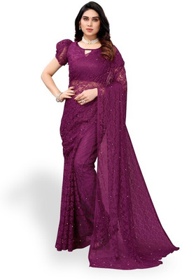 Vragi Embroidered Bollywood Net Saree(Purple)