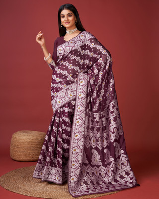 SHREEKHODIYARST Woven, Self Design Jamdani Cotton Blend, Jacquard Saree(Purple)