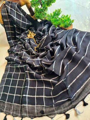 Damudar sarees Checkered Handloom Linen Saree(Black)