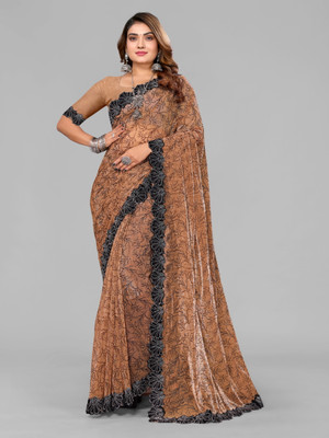 VIVIATRENDZ Embellished Bollywood Lycra Blend Saree(Beige)