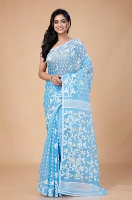 Revival Printed Jamdani Cotton Blend Saree(Light Blue)