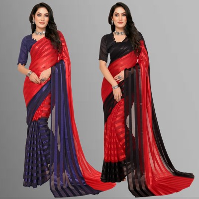 Anand Sarees Embellished Bollywood Satin Saree(Pack of 2, Red, Blue, Black)