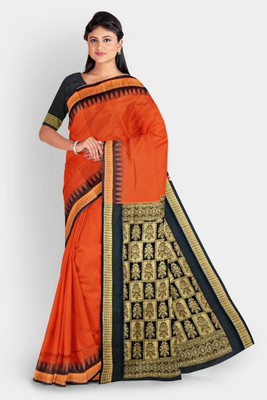 LYANNA Temple Border, Solid/Plain Sambalpuri Handloom Cotton Linen Saree(Orange)