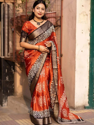Anouk Rustic Printed Daily Wear Silk Blend Saree(Orange)