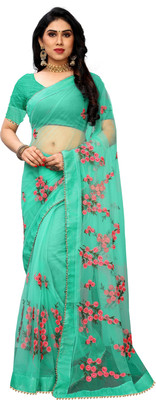 MYSTERY BOX Embroidered Bollywood Net Saree(Dark Green)