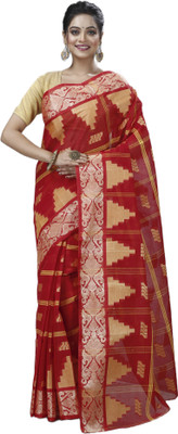 SUBHO SAREE CENTRE Woven, Temple Border Tant Pure Cotton Saree(Red, Gold)