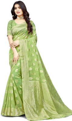Suali Woven Banarasi Cotton Blend Saree(Light Green)