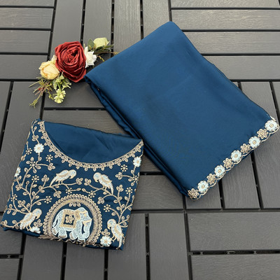 V AMAN FASHION Solid/Plain, Self Design Bollywood Silk Blend Saree(Blue)