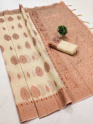 Niwaa Printed, Self Design, Embellished, Woven, Animal Print, Blocked Printed Daily Wear Cotton Blend, Jacquard Saree(Cream)