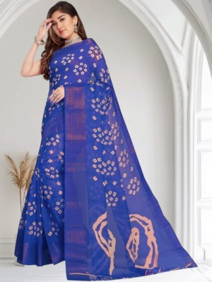 Grubstaker Printed Hand Batik Cotton Blend Saree(Blue)