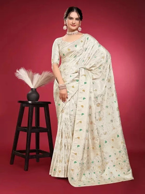 Suali Printed Bollywood Pure Silk Saree(White)