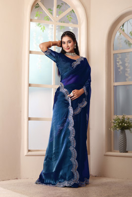 BORADA FAB Embroidered Saree with Attached Blouse Georgette Saree(Blue)