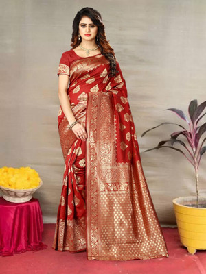 Pervas Woven Kanjivaram Silk Blend, Cotton Silk Saree(Red)