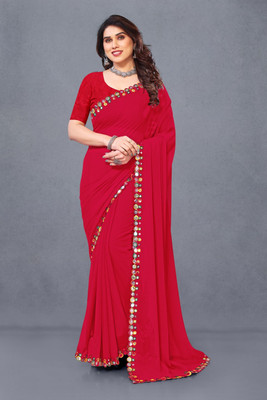 Herink Fashion Solid/Plain Bollywood Georgette Saree(Red)