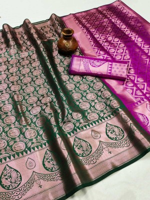 Gajal Woven Kanjivaram Pure Silk, Art Silk Saree(Green, Pink)