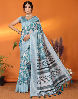 Divastri Printed Bhagalpuri Art Silk, Lace Saree(Blue)