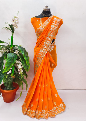 Mikhushop Embroidered Bollywood Georgette Saree(Gold)