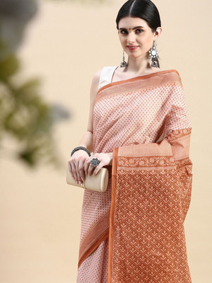 SHANVIKA Printed Daily Wear Pure Cotton Saree(Orange)