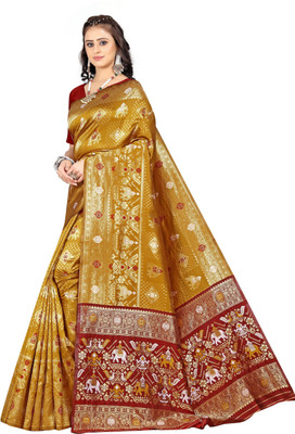 AMK FASHION Printed Banarasi Silk Blend, Art Silk Saree(Yellow)