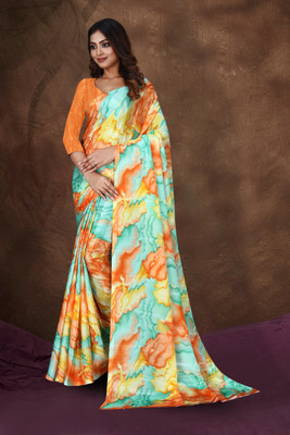 jihana fab Printed Banarasi Chiffon, Silk Blend Saree(Orange)