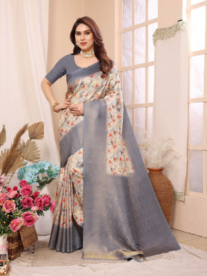 Moda Rapido Digital Print Kanjivaram Jacquard Saree(Grey)