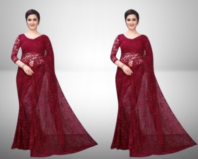 Vragi Self Design Bollywood Net Saree(Pack of 2, Maroon)