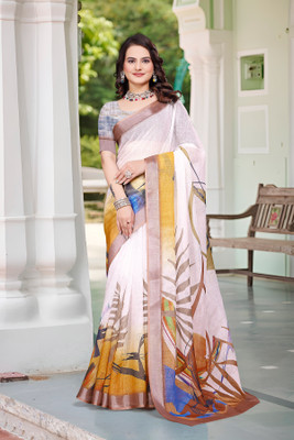 ShivGori Printed Bollywood Linen Saree(White)