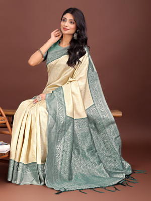 Tasrika Woven Kanjivaram Cotton Silk Saree(Cream, Green)