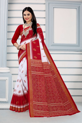ETHNIC ODISHA HANDLOOM Printed, Digital Print, Geometric Print, Checkered, Polka Print, Graphic Print Sambalpuri Pure Cotton Saree(White)