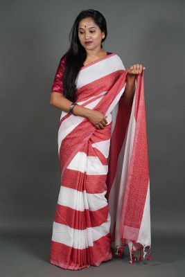 Rnn Saree Printed Handloom Pure Cotton Saree(Red, White)