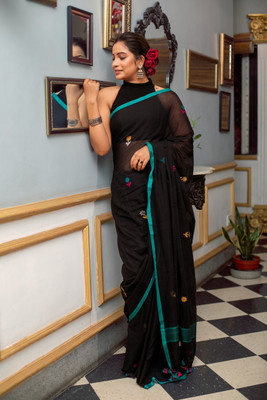 Very Much Indian Solid/Plain Handloom Pure Cotton Saree(Black)
