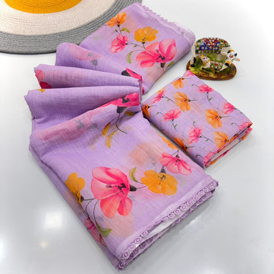 SDGRATITUDE Digital Print, Printed, Floral Print Daily Wear Linen, Cotton Linen Saree(Purple)
