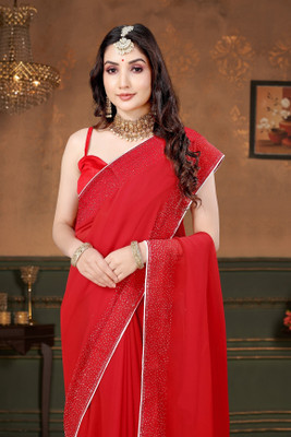 b bella creation Self Design, Solid/Plain Bollywood Georgette Saree(Red)
